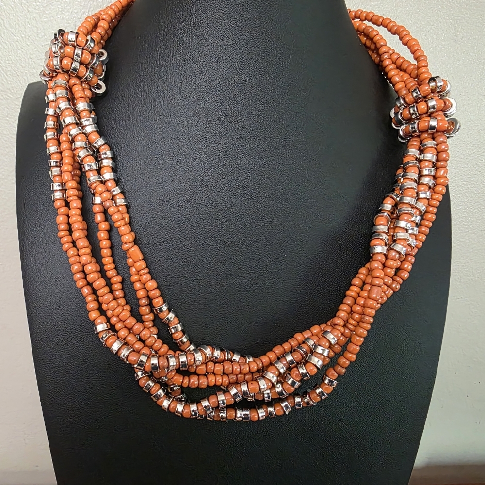 Beaded Multi-strand orange, Fall Festival necklace, silver-tone accents. Boho.